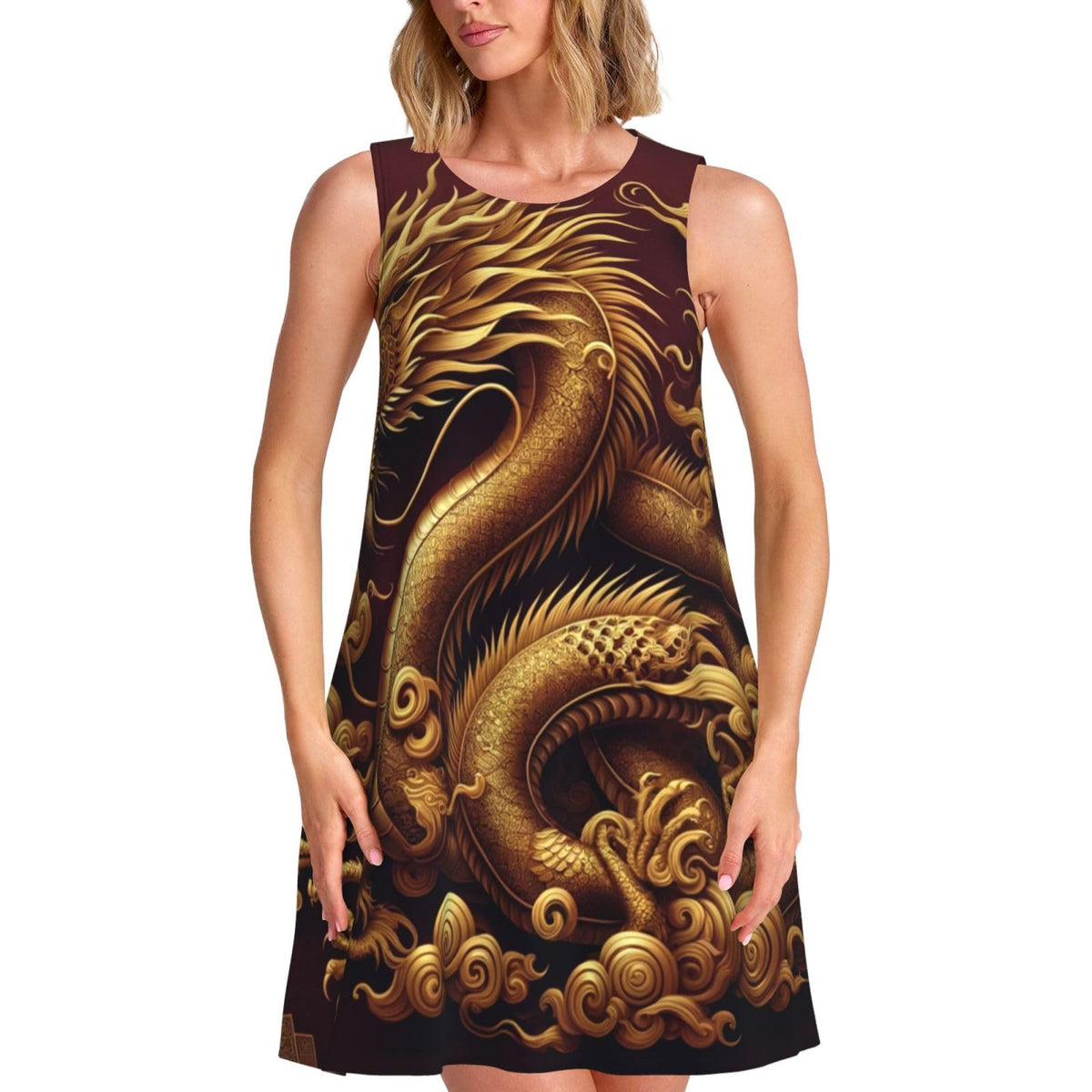 sans manches Golden-Dragon pour femme, coupe trapèze, avec 2 poches latérales