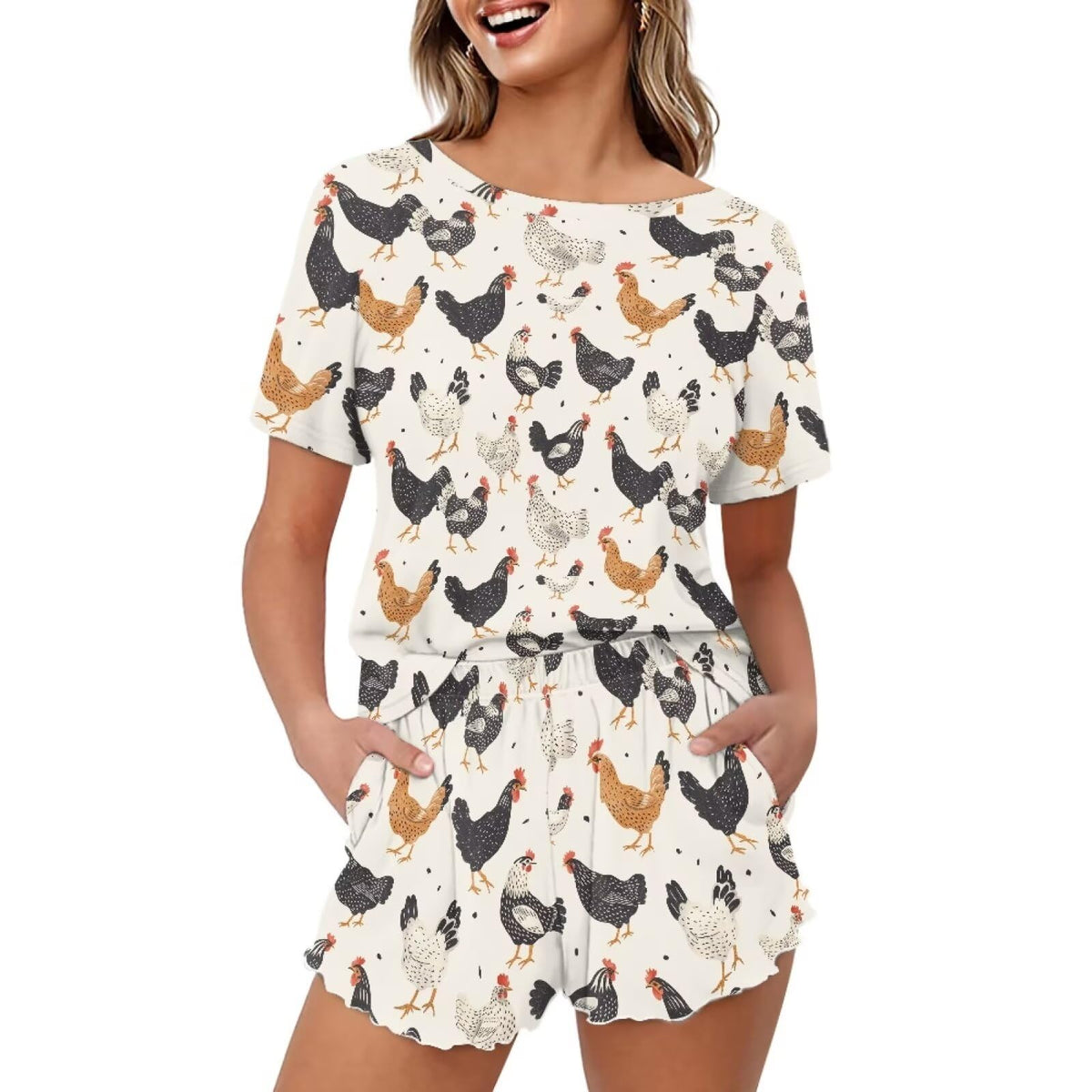 Ensemble pyjama femme 2 pièces été, tenue d'intérieur décontractée, haut à manches courtes et col rond, short avec poches