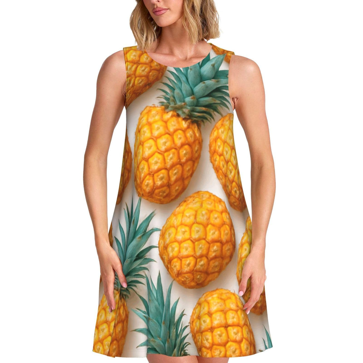 sans manches à motif ananas pour femme, avec 2 poches latérales, coupe trapèze